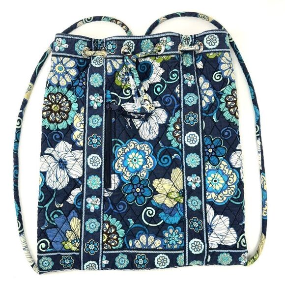 Vera Bradley Backpack Retired Mod Floral Blue Pattern Quilted Cotton Drawstring - Picture 2 of 13